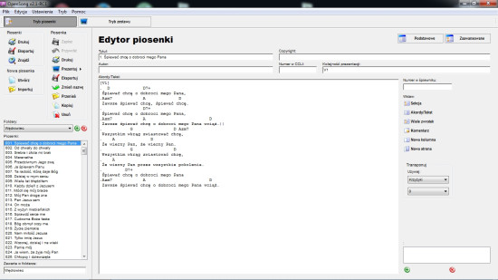 Zrzut ekranu, pokazujący widok listy pieśni w programie Opensong.