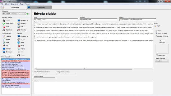 Zrzut ekranu, pokazujący widok listy zestawów w programie Opensong.