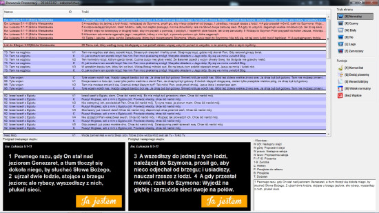 Zrzut ekranu, pokazujący widok pomocnika prezentacji w programie Opensong.